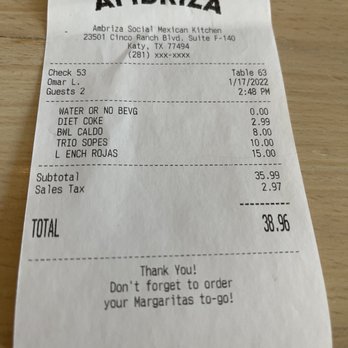 Ambriza - Meal was supposed to be "compliments of Ambriza!" Ooops! - Mexican Near Me - Katy, Texas Ambriza - Meal was supposed to be "compliments of Ambriza!" Ooops! - Mexican Near Me - Katy, Texas