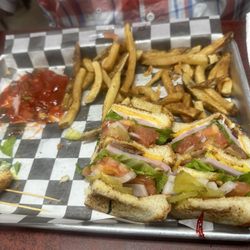 Diamond R Store & Cafe - Club sandwich, hold the turkey, double ham, with fresh cut french fries.