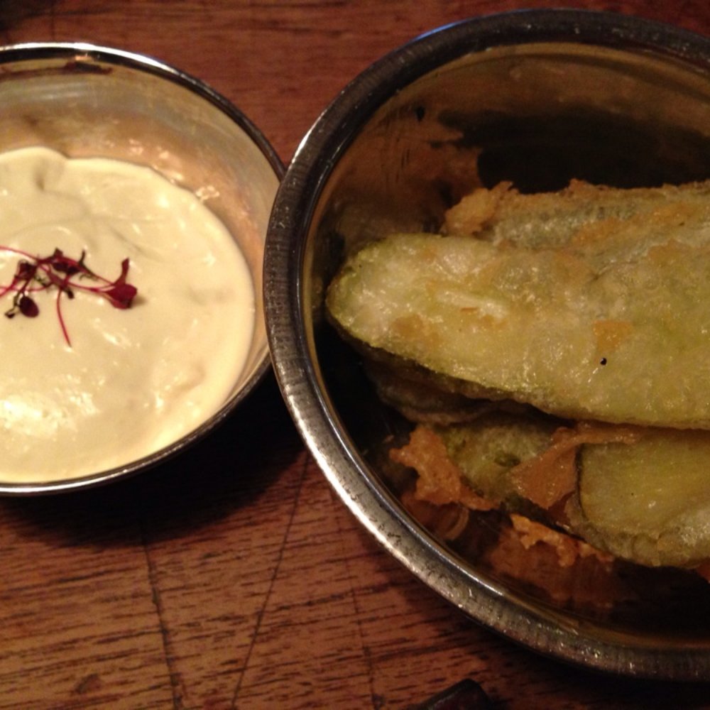 Meat Bar - Deep fried pickle with blue cheese sauce - Bars Near Me - Glasgow, GLG Meat Bar - Deep fried pickle with blue cheese sauce - Bars Near Me - Glasgow, GLG