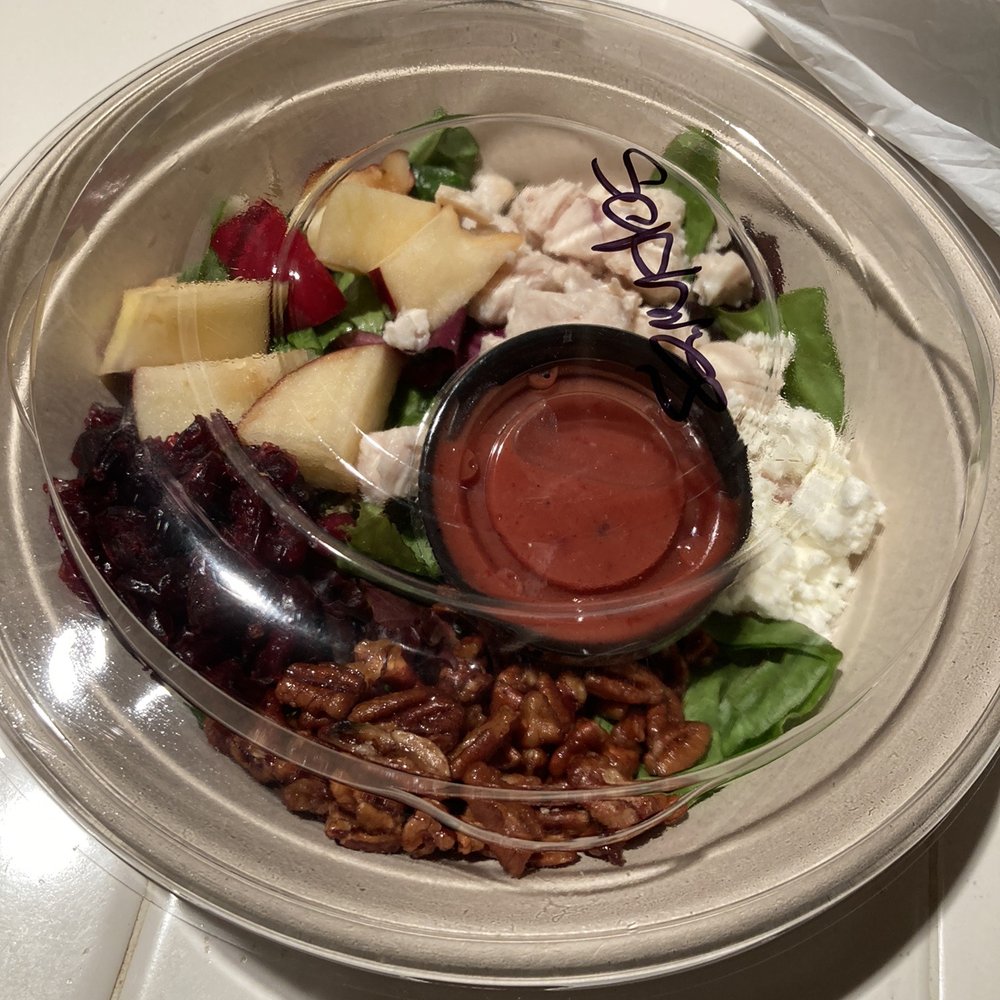 Sophie's Salad: Dried cranberries, candied pecans, walnuts, and apples atop field greens. Subbed feta for blue cheese. Sophie's Salad: Dried cranberries, candied pecans, walnuts, and apples atop field greens. Subbed feta for blue cheese.