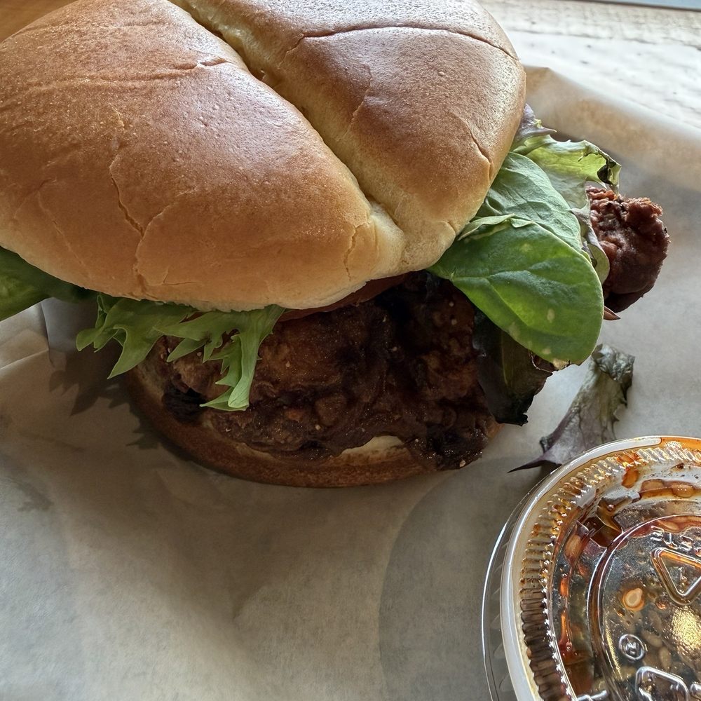 Hen & Flour - Amazing chicken thigh sandwich with a side of their homemade spicy barbecue sauce!! - Chicken Shop Near Me - Medford, Oregon Hen & Flour - Amazing chicken thigh sandwich with a side of their homemade spicy barbecue sauce!! - Chicken Shop Near Me - Medford, Oregon