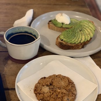 Nelson the Seagull - Americano, oatmeal/walnut/chocolate cookie, and avocado on bread and poached egg. - Coffee & Tea Near Me - Vancouver, British Columbia