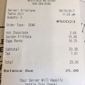 Turning Point - Our receipt - Breakfast & Brunch Near Me - Westfield, New Jersey