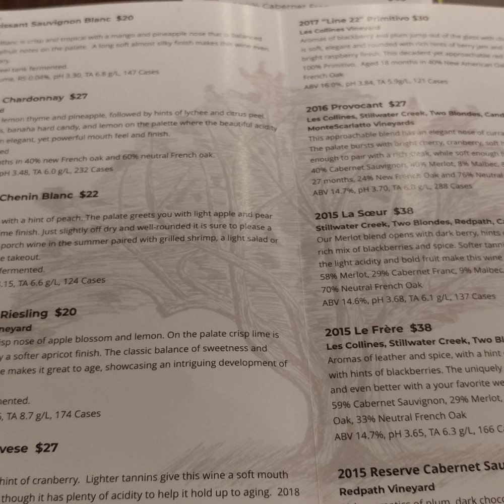 Tasting menu and price list