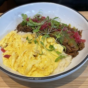 Dish Society - Brisket and eggs with grits - Southern Near Me - Austin, Texas