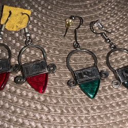 West Africa Treasures - Dangling earrings in red and green. Beautiful. Earring backs on green earrings not included.