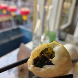 Ham sui gok (with garlic scape and wood ear mushroom)