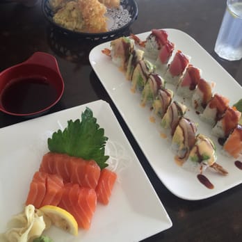 Ocean Fish Sushi & Grill - (L-R) Sake sashimi - 8 pieces for $12.95 // walnut prawn roll $8.95 // pacific love roll - Japanese Near Me - Pacifica, California