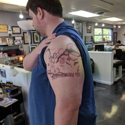 Army Navy Tattoo - Two Klingon Birds of Prey attacking a galaxy class starship in a nebula. Going back for coloring in a couple weeks.