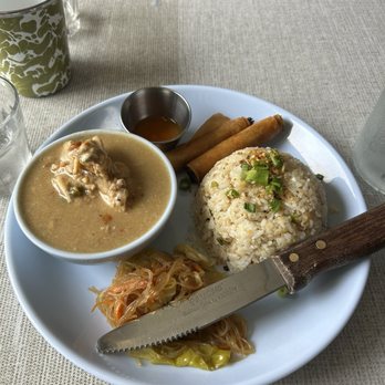 CARiN de RiA - Lunch Special - Chicken in Peanut Sauce (Pipian) with 2 Classic Lumpia, Pancit, and Fried Garlic Rice ($14) - Filipino Near Me - Encinitas, California