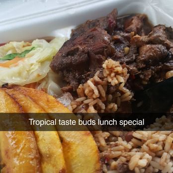 Tropical Tastebuds - I had the brown stew chicken, peas and rice, cabbage. The sweet plantains is extra. - Caribbean Near Me - North Miami Beach, Florida Tropical Tastebuds - I had the brown stew chicken, peas and rice, cabbage. The sweet plantains is extra. - Caribbean Near Me - North Miami Beach, Florida