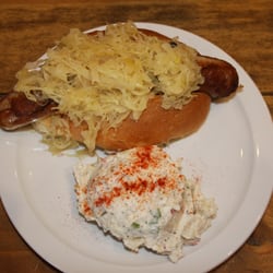 Original German Bratwurst with Sauerkraut and German potato salad