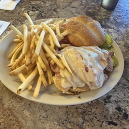 Chicken, ham and Swiss sandwich with fries Chicken, ham and Swiss sandwich with fries