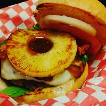 Snack Shack - The Hawaiian burger, topped with shack sauce, swiss cheese,  bacon, grilled pineapple,  sweet BBQ sauce,  lettuce, tomato, and onion. - Burgers Near Me - Kingston, Ontario