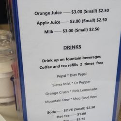 Prices for drinks, not included