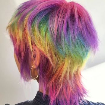 Gamine Beauty - Rainbow vivid color & cute shag mullet by Mina! - Hair Salons Near Me - Los Angeles, California Gamine Beauty - Rainbow vivid color & cute shag mullet by Mina! - Hair Salons Near Me - Los Angeles, California