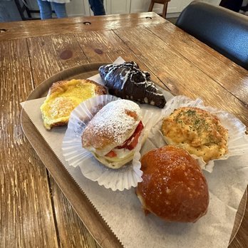 Chateau De Chantilly Cafe - Left to right: Pineapple Coconut Danish, Oreo Croissant, Strawberry Crème Donut, Onion Bread, and Crème Brûlée Donut - Bakeries Near Me - Chantilly, Virginia Chateau De Chantilly Cafe - Left to right: Pineapple Coconut Danish, Oreo Croissant, Strawberry Crème Donut, Onion Bread, and Crème Brûlée Donut - Bakeries Near Me - Chantilly, Virginia