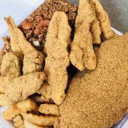 Seafood Corner - Fried Catfish, Shrimp, & Oyster Seafood Platter w/ Shrimp Fried Rice & French Fries