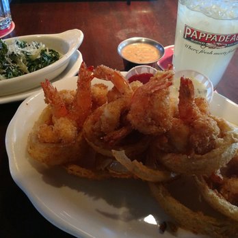 Pappadeaux Seafood Kitchen - Lunch shrimp with onion rings and side of spinach - Cajun/Creole Near Me - Norcross, Georgia Pappadeaux Seafood Kitchen - Lunch shrimp with onion rings and side of spinach - Cajun/Creole Near Me - Norcross, Georgia