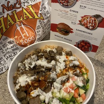 Naz’s Halal - Lamb (beef) bowl with red and white sauce - Halal Near Me - Williamsburg, Virginia Naz’s Halal - Lamb (beef) bowl with red and white sauce - Halal Near Me - Williamsburg, Virginia