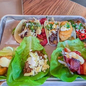 Hudson Taco - Left To Right : Filet Mignon, HV Pork Belly, Korean BBQ Shortrib, Baja Fish, General Tso's Chicken + The Gringo (2nd lettuce taco) - Tacos Near Me - Newburgh, New York Hudson Taco - Left To Right : Filet Mignon, HV Pork Belly, Korean BBQ Shortrib, Baja Fish, General Tso's Chicken + The Gringo (2nd lettuce taco) - Tacos Near Me - Newburgh, New York