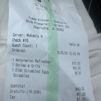 Fumée  - Receipt - Cocktail Bars Near Me - Charlotte, North Carolina