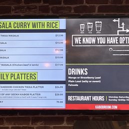 Curry menu, drinks, and family platters