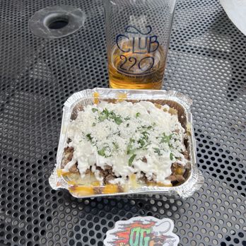 Brethren Brewing - Carne Asada half order potato with a lawnmower beer, amazing combination - Brewpubs Near Me - Manteca, California