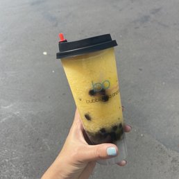 Passion fruit slushie with Pearl boba and lychee jellies. Passion fruit slushie with Pearl boba and lychee jellies.