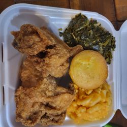 2 big pieces of chicken, mac-n-cheese, greens, and muffin