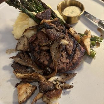 Ember - Filet with foraged mushrooms, mashed potatoes and asparagus...heavenly. - Sushi Bars Near Me - Williamsburg, Virginia Ember - Filet with foraged mushrooms, mashed potatoes and asparagus...heavenly. - Sushi Bars Near Me - Williamsburg, Virginia