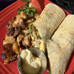 Build your own wrap with turkey sausage, spinach, scrambled eggs, bacon, cheddar cheese. Side potato's nom nom nom Build your own wrap with turkey sausage, spinach, scrambled eggs, bacon, cheddar cheese. Side potato's nom nom nom
