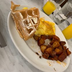 Village Inn - Classic Belgian Waffle, home fries, cheese omelet