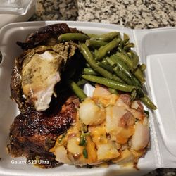 1/2 chicken string beans with cheese potatoes
