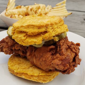 Handsome Biscuit - Chicken Biscuit with a dill-mayo and pickles with a side of waffle fries. - Breakfast & Brunch Near Me - Norfolk, Virginia Handsome Biscuit - Chicken Biscuit with a dill-mayo and pickles with a side of waffle fries. - Breakfast & Brunch Near Me - Norfolk, Virginia