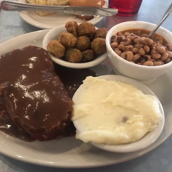 Norma's Cafe - Meat loaf with brown gravy, mashed potatoes, black eyed peas and fried okra. - American Near Me - Dallas, Texas Norma's Cafe - Meat loaf with brown gravy, mashed potatoes, black eyed peas and fried okra. - American Near Me - Dallas, Texas