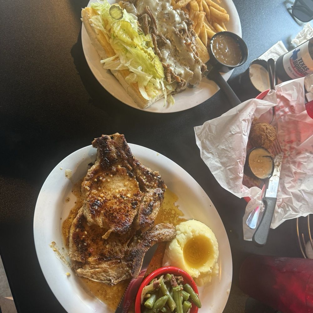 Roast beef PoBoy, pork chops plate (green beans & butter mash). Boudin balls. All very yummy! Roast beef PoBoy, pork chops plate (green beans & butter mash). Boudin balls. All very yummy!