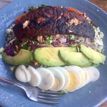 Pier 76 Fish Grill - Cobb salad with blackened salmon, delicious and perfect portion. - Seafood Near Me - Riverside, California Pier 76 Fish Grill - Cobb salad with blackened salmon, delicious and perfect portion. - Seafood Near Me - Riverside, California