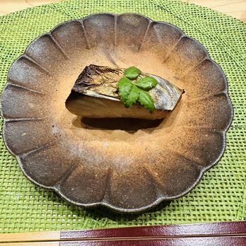 Fujiwara Omakase - Saba "Saikyo-yaki" with sansho leaf - Sushi Bars Near Me - Bellevue, Washington Fujiwara Omakase - Saba "Saikyo-yaki" with sansho leaf - Sushi Bars Near Me - Bellevue, Washington