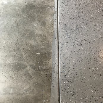 Zervas Facility Maintenance - Left: Unprotected cement, (we diamond grinned it) Right: Epoxy, with black and blue paint chips (Medium flack). - Office Cleaning Near Me - Spring Lake, Michigan