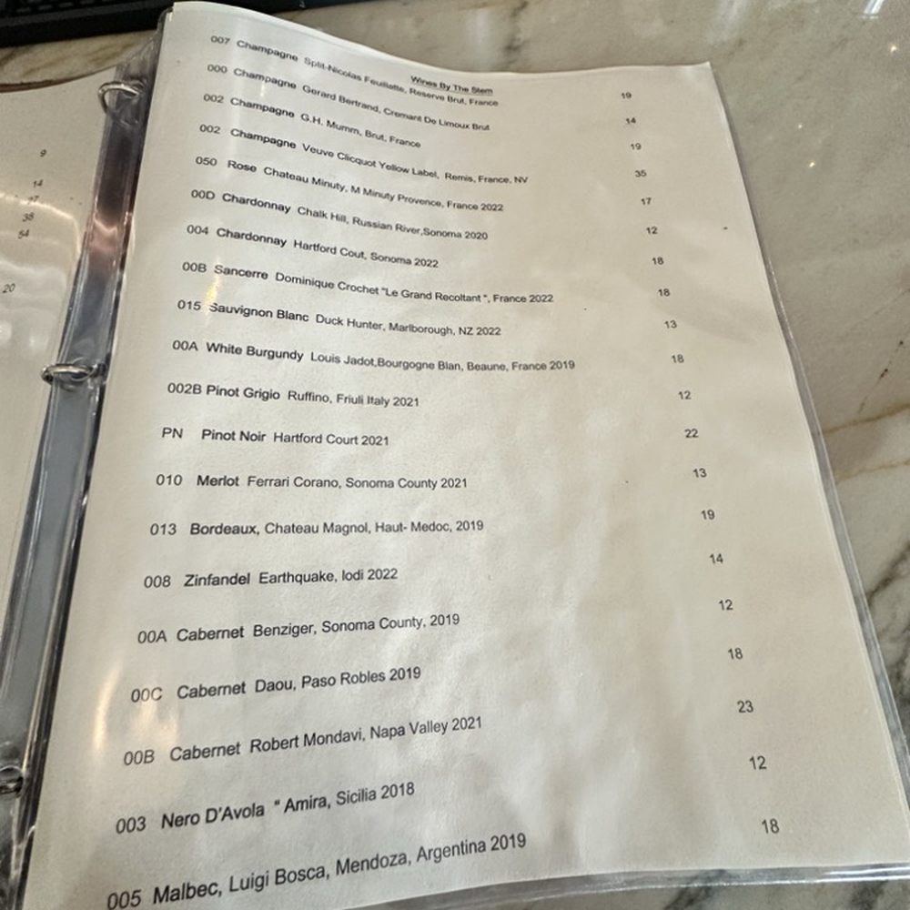 Part of the wine list.