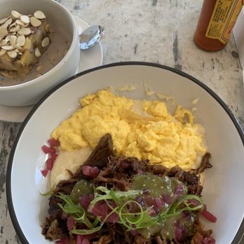 Dish Society - Bread pudding and brisket with eggs - New American Near Me - Houston, Texas Dish Society - Bread pudding and brisket with eggs - New American Near Me - Houston, Texas