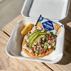 La Imperial Taqueria Wasco - Tostada de Ceviche with Saltine Crackers on the side.