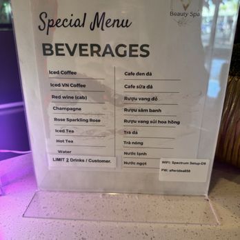 VN Beauty Spa - Beverage menu - Skin Care Near Me - Garden Grove, California VN Beauty Spa - Beverage menu - Skin Care Near Me - Garden Grove, California