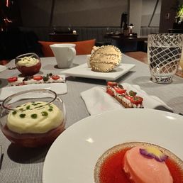 Strawberry Symphony -- crispy arlette and vanilla, champagne sabayon, strawberry extraction and sorbet Strawberry Symphony -- crispy arlette and vanilla, champagne sabayon, strawberry extraction and sorbet