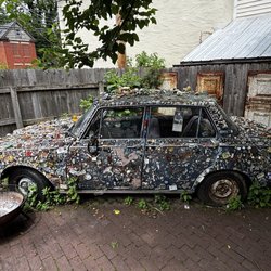 Car in outdoor dining section.