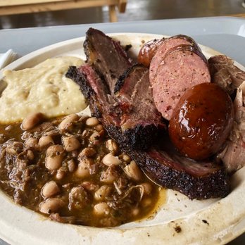 Little Miss BBQ - 2 meat plate with fatty brisket, pulled pork, sausage, meaty beans and jalapeño cheese grits - Barbeque Near Me - Phoenix, Arizona