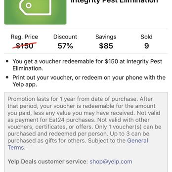 Integrity Pest Elimination - Yelp deal that was not honored by Pam @ Integrity - Pest Control Near Me - Temecula, California