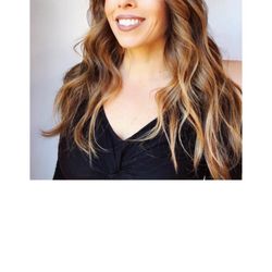 Vsquared Salon - Grey retouched roots, Balayage highlights, long layered cut.