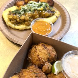 Doubles - Doubles with sweet plantains and mahi fritters